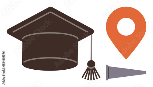 Education, celebration, direction, location services, communication, graduation . A graduation cap, orange location pin and megaphone. Education and graduation concept connecting celebration
