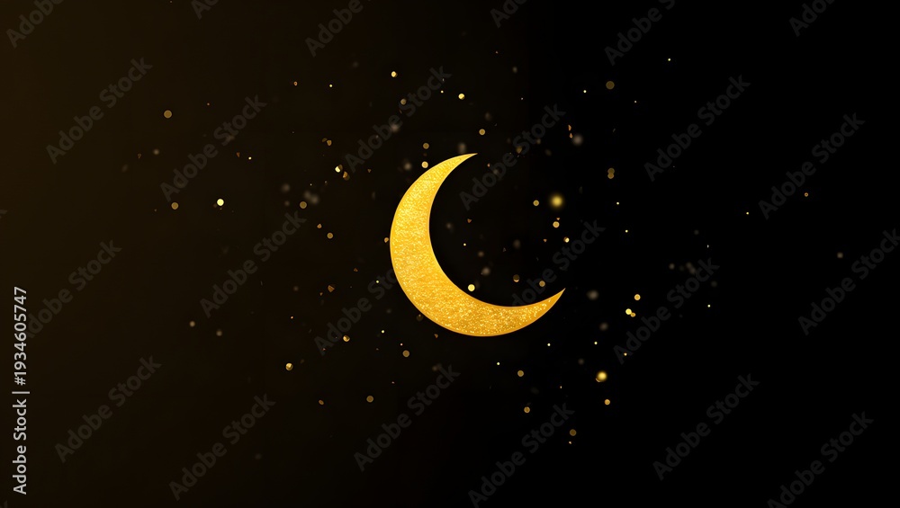 Fototapeta premium Golden crescent moon shining brightly in dark night sky with sparkling particles