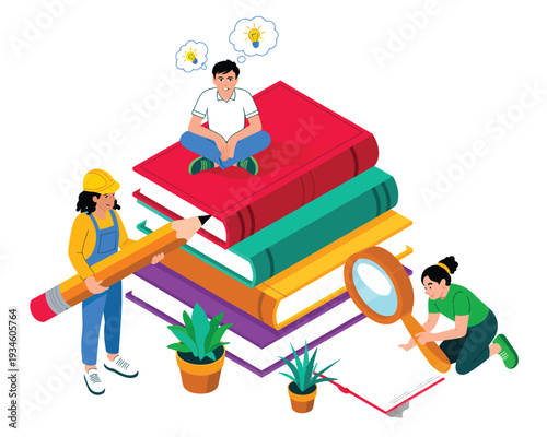 Students collaborate on learning tasks using large books, pencils, and a.