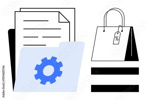 Folder with gear icon, documents, shopping bag with discount tag, and horizontal bars. Ideal for business, ecommerce, data management, organization retail workflow innovation. Simple flat metaphor