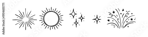 Hand-drawn doodle icons of a sunburst, sun, sparkles, and fireworks. Sketchy black and white vector set for celebration and decoration.