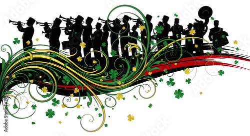 Silhouette band musicians performing decorative floral design vector