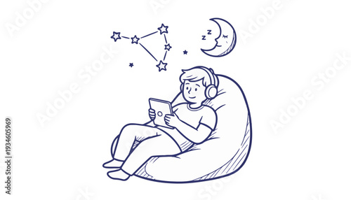 Minimalist line art moonlit rest concept digital interface mascot bedtime routine night mode feature tech sleeping habit