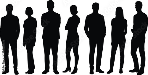 Standing people silhouette row, diverse posture icons, casual and formal attire mix, cad drawing flat vector illustration, group concept design