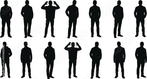 Standing pose silhouette set, gesture variation icons, human figure grid, body language illustration, cad drawing flat vector illustration, reference