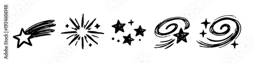 Hand-drawn space and star icons set featuring shooting stars, galaxy spirals, and starbursts in a sketchy, doodle style on a white background.