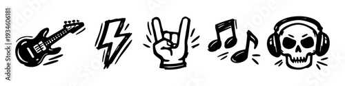 Hand-drawn rock music icon set including electric guitar, lightning bolt, rock hand gesture, musical notes, and skull with headphones.