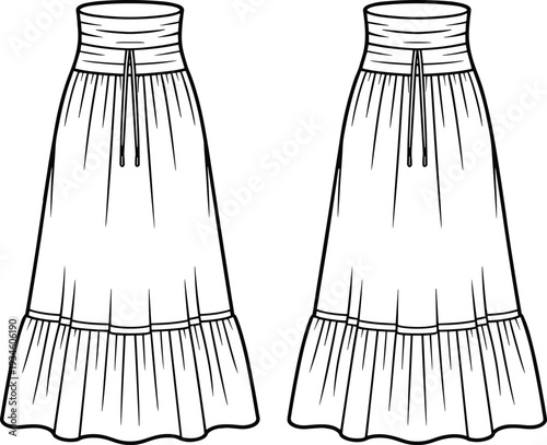 Strapless dress fashion design, technical flat sketch, vector illustration, long tiered gown, ruffle hem, gathered bodice, front and back CAD drawing