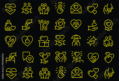 Charity human care outline icons pack. Line signs volunteering and social help, support kindness or friendly relations. Thin vector icons set perfect for web app infographic business social projects