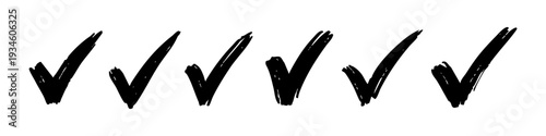 Set of hand-drawn black grunge checkmark icons isolated on a white background. Hand-painted tick symbols for checklists and approval marks.