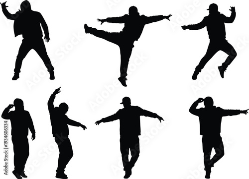 Street dance silhouettes, hip hop dancer poses, urban dance performance, energetic movement, modern choreography, expressive dance art, contemporary style, dynamic stage show