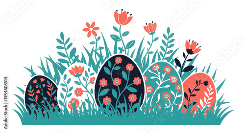 Decorative Easter Eggs Adorned with Floral Patterns Nestled in Green Grass Springtime Celebration Design