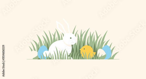 Easter Holiday Scene with Cute Rabbit Little Yellow Chick and Blue Decorated Eggs in Fresh Green Grass