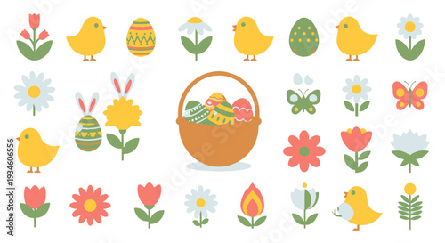 Charming Flat Design Easter Elements Decorative Eggs Cute Chicks Blooming Spring Flowers