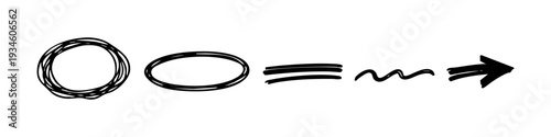 Collection of hand-drawn black ink elements featuring circles, an arrow, and decorative lines. Minimalist doodle set isolated on white background.