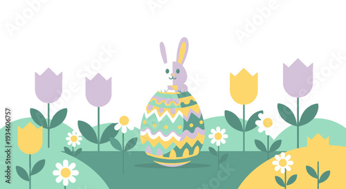 Charming Easter Bunny Emerges from a Decorative Patterned Egg Surrounded by Vibrant Spring Tulips and Daisies