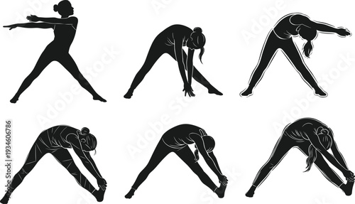 Stretching exercise silhouette illustration featuring yoga fitness poses and flexibility training. Wellness lifestyle concept with meditation posture, balance, discipline, healthy routine and graceful