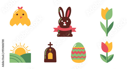 Vibrant Flat Design Easter Holiday Celebration Symbols Chick Chocolate Bunny Decorated Egg Flowers Religious Cross Morning Sun
