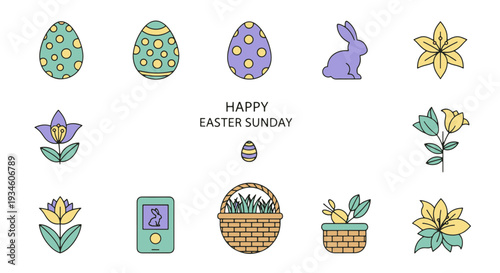 Decorative Easter Eggs Cute Spring Bunny Blooming Flowers and Happy Easter Sunday Greeting Set