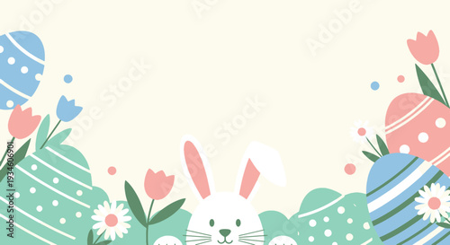 Sweet Easter Bunny Peeking from Grass with Decorated Eggs Pink Tulips and Spring Daisies