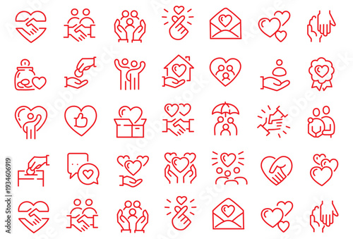 Charity human care outline icons pack. Line signs volunteering and social help, support kindness or friendly relations. Thin vector icons set perfect for web app infographic business social projects