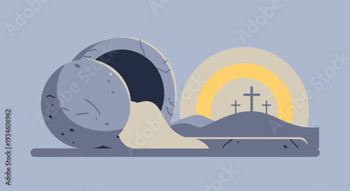 Empty Tomb with Stone Rolled Away Shining Light and Three Crosses on a Hill at Sunrise