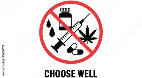 No drugs and medication prohibition symbol featuring red circle and line through pills and capsules, perfect for health awareness, anti-drug campaigns, safety graphics, and educational vector illustra