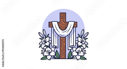 Christian Cross Draped with White Cloth Surrounded by Elegant White Easter Lilies Sacred Religious Design