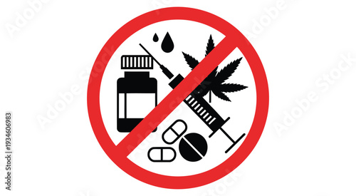 No drugs and medication prohibition symbol featuring red circle and line through pills and capsules, perfect for health awareness, anti-drug campaigns, safety graphics, and educational vector illustra