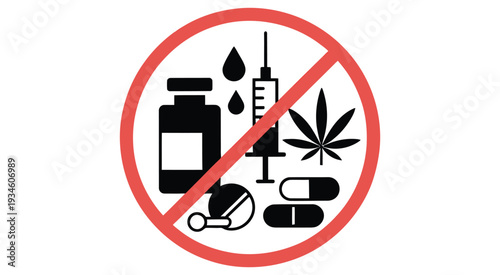 No drugs and medication prohibition symbol featuring red circle and line through pills and capsules, perfect for health awareness, anti-drug campaigns, safety graphics, and educational vector illustra