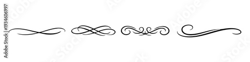 Set of four elegant black calligraphic flourishes and dividers on a white background, perfect for wedding invitations and vintage designs.