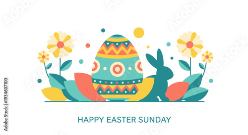 Vibrant Decorated Easter Egg with Geometric Pattern Cute Bunny Spring Flowers Festive Holiday Banner