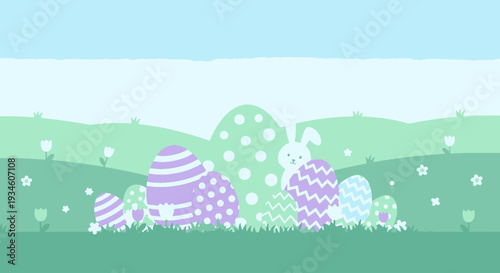 Colorful Easter Eggs and a Cute Bunny in a Springtime Field with Flowers and Green Hills