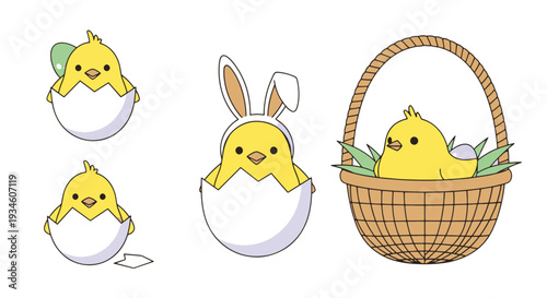 Cute Baby Chicks Hatching from Eggs One Wearing Bunny Ears Inside an Easter Basket with Grass
