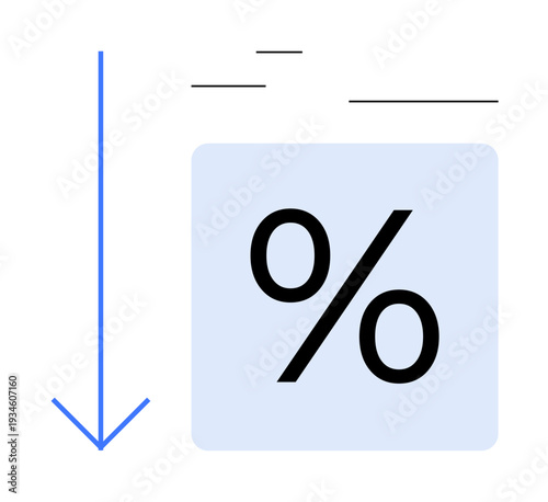 Financial trends, pricing calculations, discount offers, sale promotion, economic analysis, market decreases. Blue downward arrow next to percentage sign in square. Discounts and pricing calculations