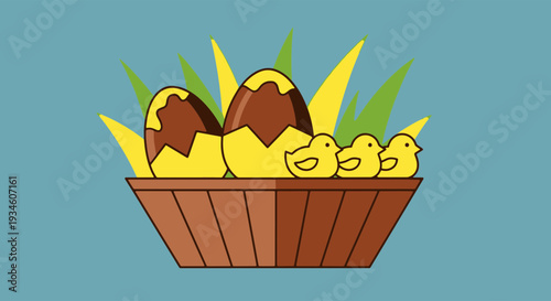Cheerful Easter Basket with Chocolate Eggs One Cracked and Three Cute Yellow Chicks on Green Grass