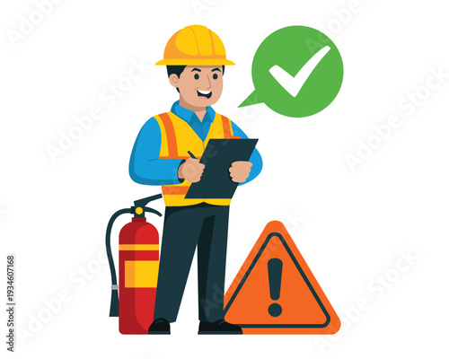 Safety inspector holding clipboard verifies equipment next to fire extinguisher.