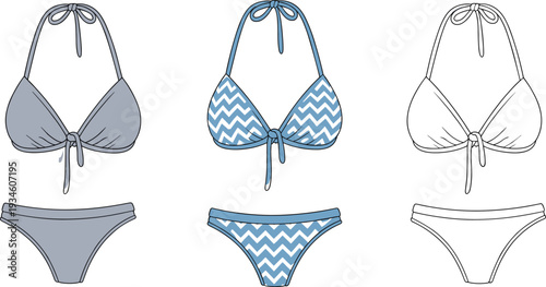 Stylish bikini swimwear set, halter neck design, solid and patterned styles, summer