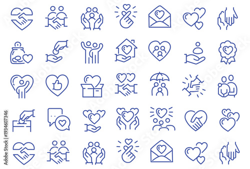 Charity human care outline icons pack. Line signs volunteering and social help, support kindness or friendly relations. Thin vector icons set perfect for web app infographic business social projects
