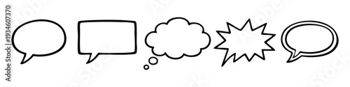 Set of hand-drawn comic speech bubbles and thought clouds in a doodle style on white background.