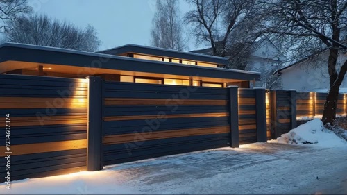 Modern house exterior with illuminated fence and snow-covered ground  