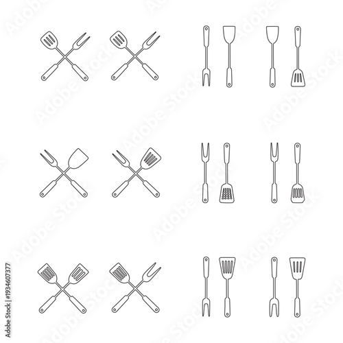 BBQ Grill Tool Line Icon Set, Spatula and Fork Vector for Restaurant Menu