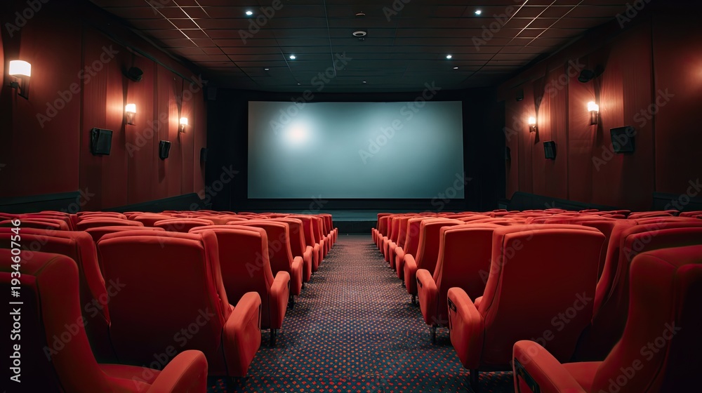 Fototapeta premium The interior of a movie theater. The room features a large projection screen and a row of red, soft seats.