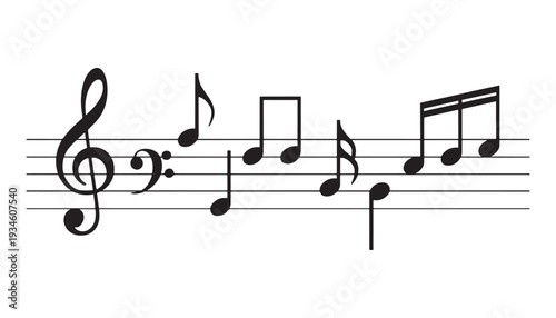 Music Notes on Staff Vector Illustration, Musical Melody Notation Elements