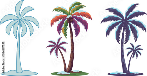 Stylized palm tree illustration, tropical abstract art, colorful palm design, snowy palm tree, winter tropical concept, exotic seasonal artwork, decorative