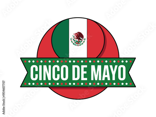 Circular emblem features the Mexican flag design with Cinco de Mayo text banner.