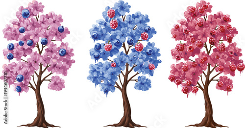 Stylized fruit tree illustration, colorful foliage design, abstract seasonal art, blueberry raspberry strawberry trees, decorative nature artwork, creative orchard concept, modern landscape