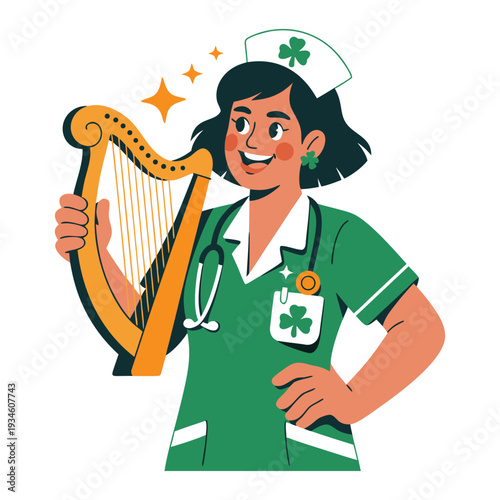 Smiling nurse with a harp and shamrocks celebrating irish heritage