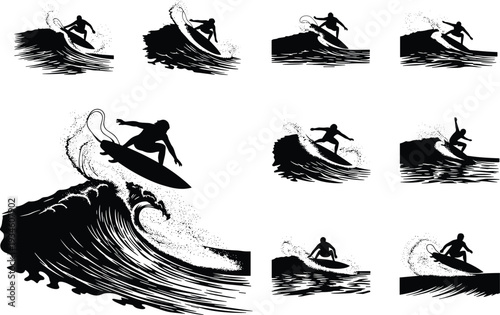 surfing, surfer, wave, ocean, sea, sport, water, silhouette, beach, board, ride, splash, motion, athlete, adventure, extreme, summer, coastline, performance, freestyle
