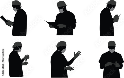 Surgeon silhouette, medical professional, surgical attire, doctor with instruments, healthcare worker, hospital surgery, sterile gown, face mask, gloves, medical tools